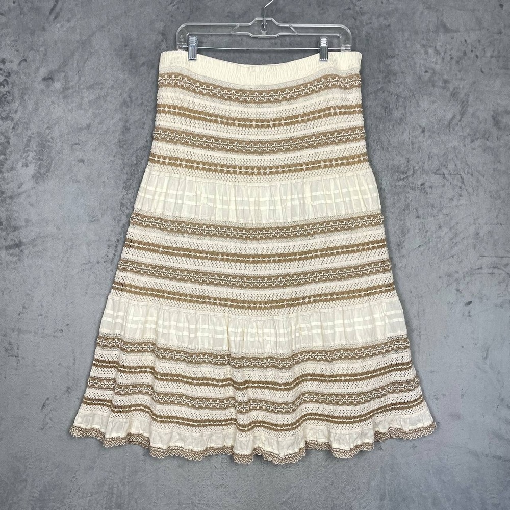 Chico's Crochet Tiered Midi Skirt Ivory Taupe Cotton Boho Prairie Large Party
